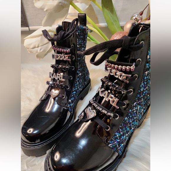 Karl Lagerfeld Paris Mela Tweed Charm Combat Boots - Picture 7 of 17